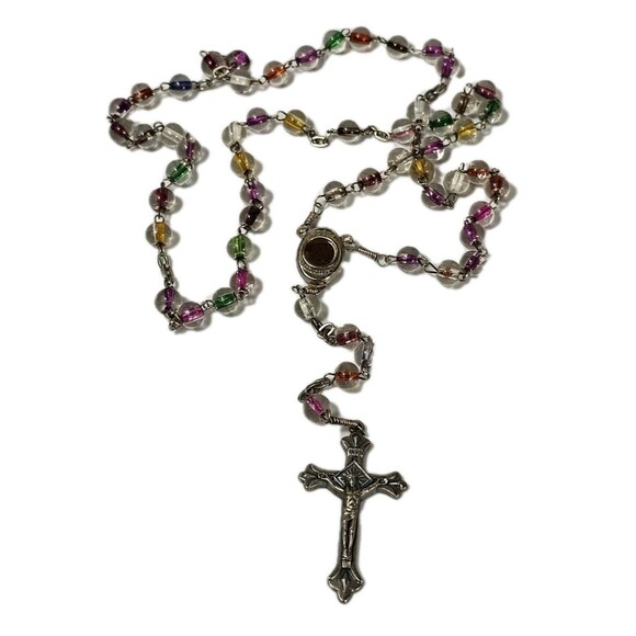 Handmade Rosary Made in Jerusalem Multicolor Glass Beads Silver Tone Crucifix - Picture 1 of 8